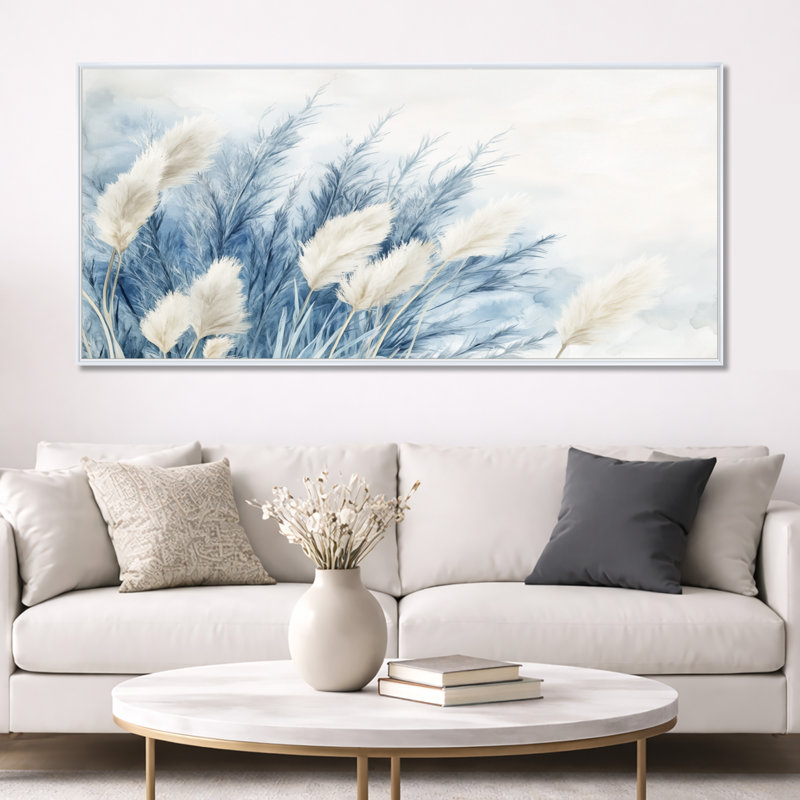 Blue Pampas Calm II - Décoration murale tribale bleue, H 28 po x l 60 po, Cadre flottant blanc
