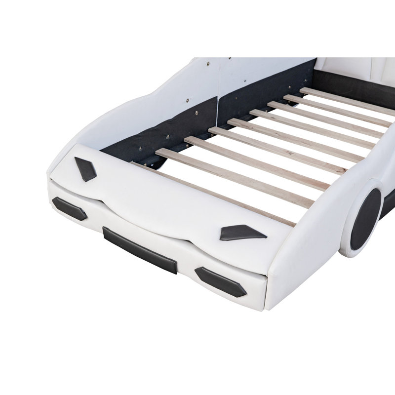 Twin Size Race Car-shaped Bed, White - Comfortable With Solid Guardrails Platform Bed Movable Wheels Functional And Stylish Bedroom Addition