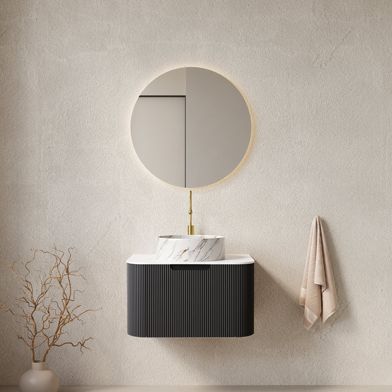 Meuble-lavabo de salle de bain 24 po avec lavabo, armoire de rangement murale rayée à bords arrondis avec tiroir, lavabo rond en céramique blanche avec motif de pierre, pré-assemblé, couleur noire