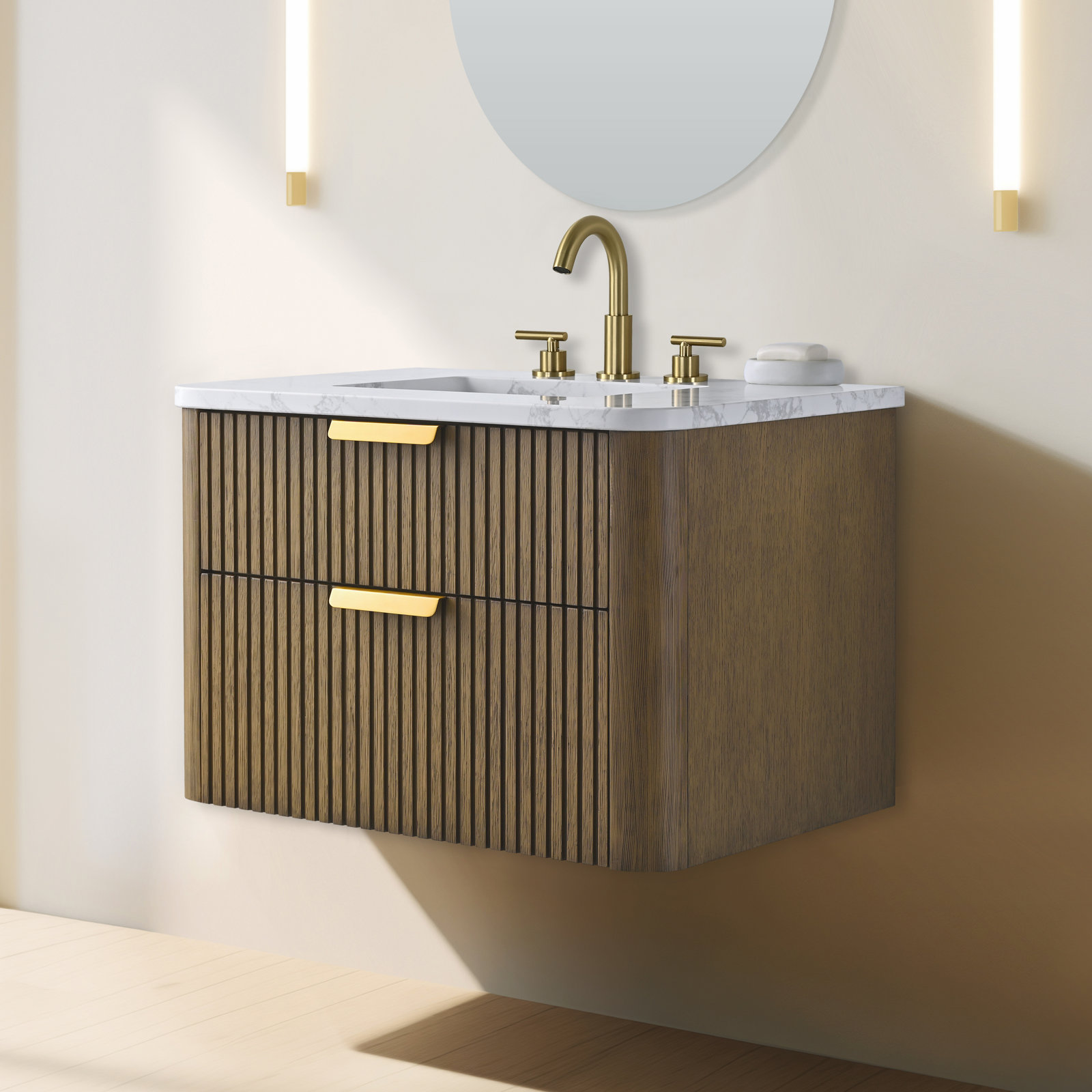 Liljan 30" Oak Single Bathroom Vanity, Aged Oak/Brushed Bronze