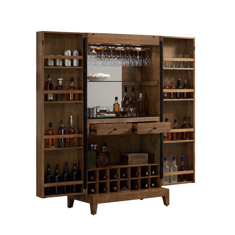 Armoire de bar American Heritage Braxton - Bois massif avec rangement pour le vin, miroir, porte-verres à pied et tiroirs