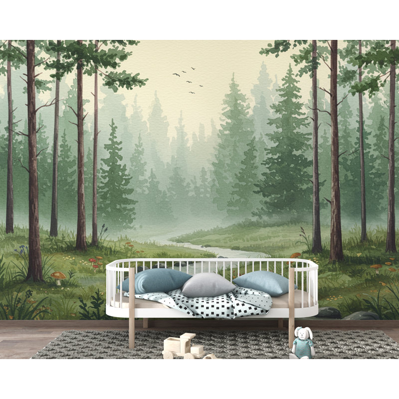 Papier peint à l'aquarelle Serene Evergreen Forest - paysage de forêt de forêt rêveuse, L 100 po x l 70 po, Non tissé