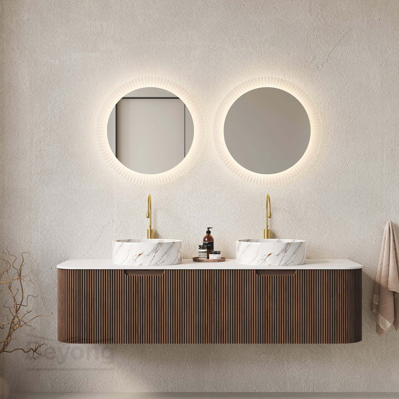 Meuble-lavabo de salle de bain 60 po avec lavabos 60 po, bordures courbées et rayées avec 2 tiroirs, 2 lavabos en céramique blanche avec motif de pierre, pré-assemblé, couleur grain de bois noyer foncé