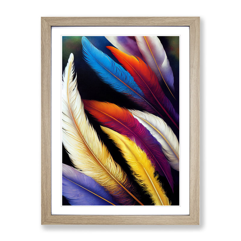 Feathers In Colour No.4 - Single Picture Frame Print, 64cm H x 46cm W x 2cm D, Oak