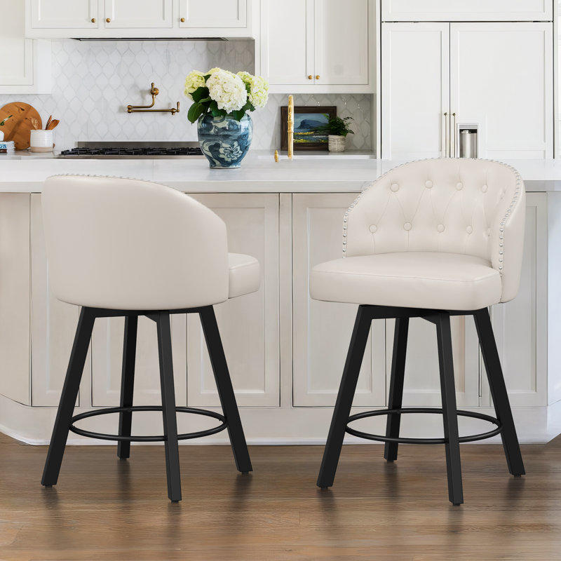 Swivel Faux Leather Counter Stool with Metal Legs (Set of 2), Antique White