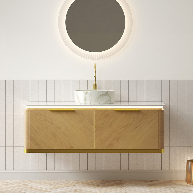 48" Bathroom Vanity & Sink, Floating Plywood Storage Cabinet With 2 Drawers, Sensor Light, Stone Pattern White Ceramic Vessel Basin&Sintered Stone Top, Pre-Assembled, Corolla Oak Woodgrain Color