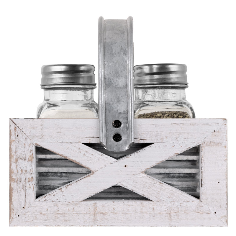 Rustic White-Wash Wood and Glass Salt & Pepper Shakers with Metal Caddy