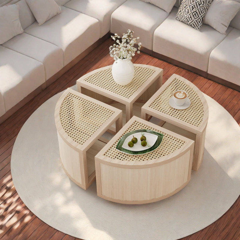 Round-To-Square Modular Coffee Table Set - Light Natural Rattan With Storage, 4 Pieces