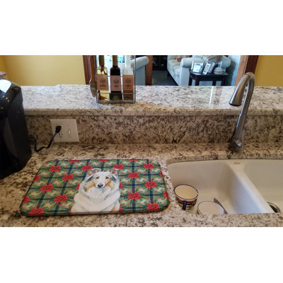 White Collie Christmas PoinsettIas Dish Drying Mat