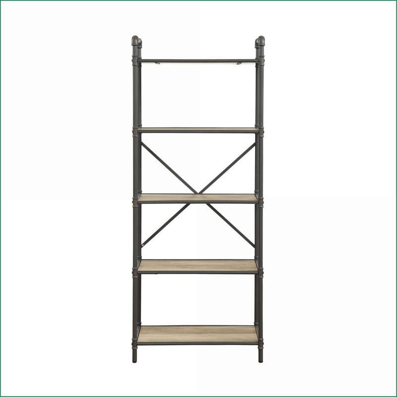 Bibliothèque, structure ouverte industrielle avec 5 tablettes fixes, chêne antique et amp; Finition gris sable | Métal | Bois synthétique
