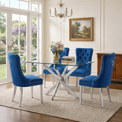 5-Piece Modern Glam Glass Dining Table Set with 4 Velvet Upholstered Tufted Chairs