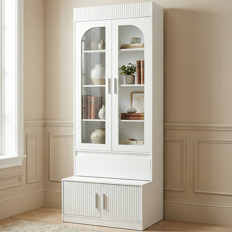 Bibliothèque de 78,74 po de hauteur avec portes en verre, tiroir et armoire inférieure, bibliothèque cannelée pour le salon