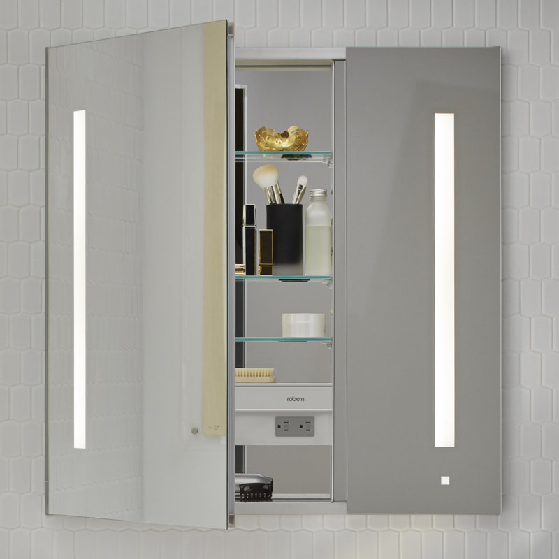 AiO Recessed Framed Medicine Cabinet with 3 Adjustable Shelves and LED Lighting, 39.375" H x 35.25" W x 4" D, Right