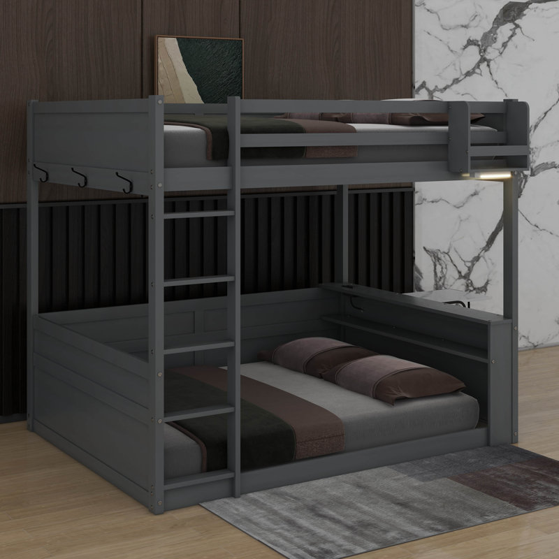 Grand lit superposé avec tablettes, boîte de rangement, lumière DEL et station de charge USB, gris