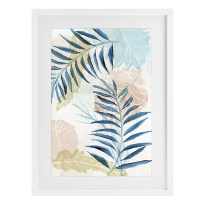 «Blue Palm Fronds in Pastel Haze», reproduction sous verre encadrée, design par Nan