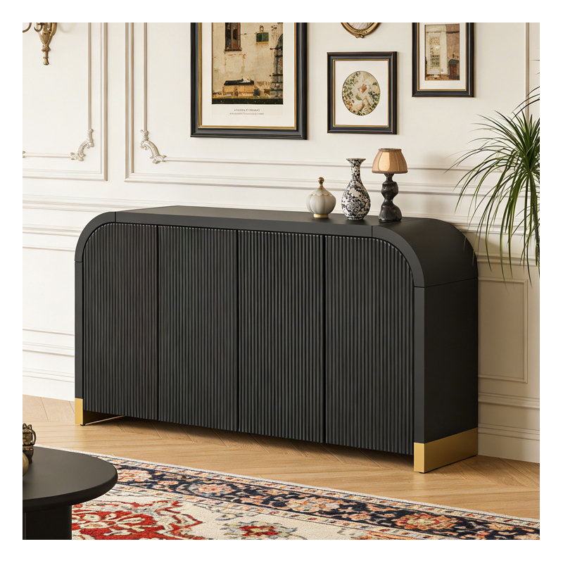 4-door Curved Corner Design Wavy Door Panel Cabinet with Adjustable Shelves, Black