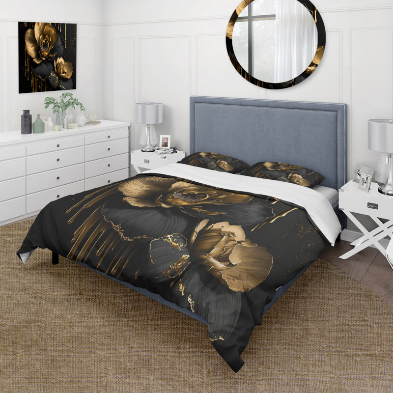 Ensemble de housse de couette Black and Gold Orchid II - Floral & Botanical, Housse de couette pour très grand lit et 2 très