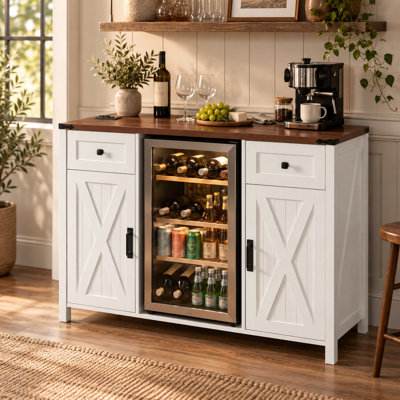 53.2" Farmhouse Fridge Cabinet with Power Outlet, Coffee Bar Storage, Mini Fridge Wine Sideboard Black