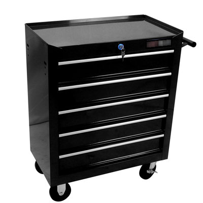 Armoire à outils à 5 tiroirs avec serrure et 4 roulettes pour l'organisation du garage, roulettes noires verrouillables