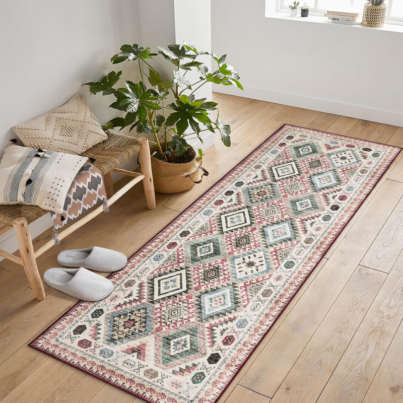 Area Rug Machine Washable Non-Slip Low Pile Geometric Print Pattern Western Easy-Cleaning Rug for Living Room Bedroom Nursery Entryway