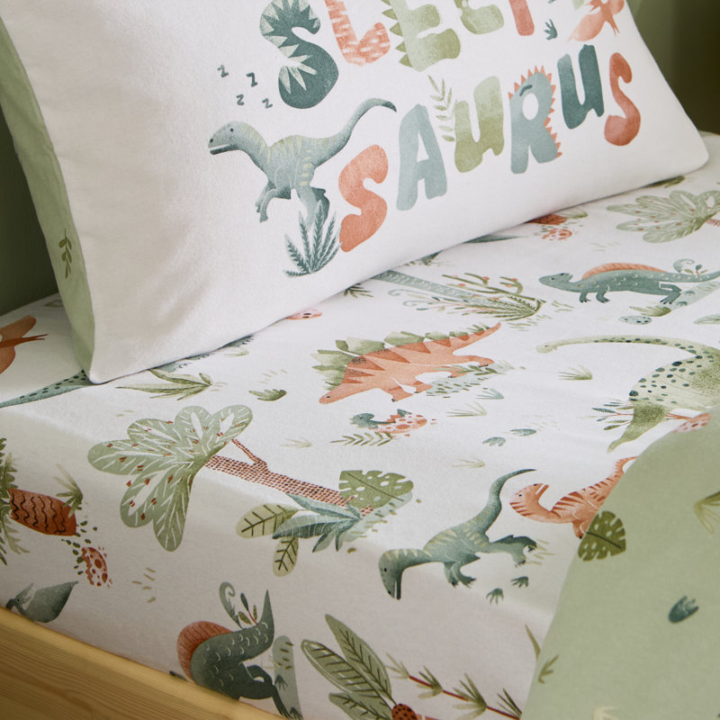 Brushed Sleepy Saurus Dino Cotton Fitted Sheet, Junior