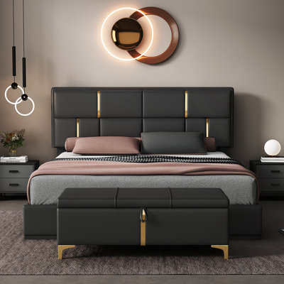 Ensemble de chambre à coucher 2 pièces, lit plateforme tapissier grand avec système de rangement hydraulique, repose-pieds de rangement avec pieds en métal, noir