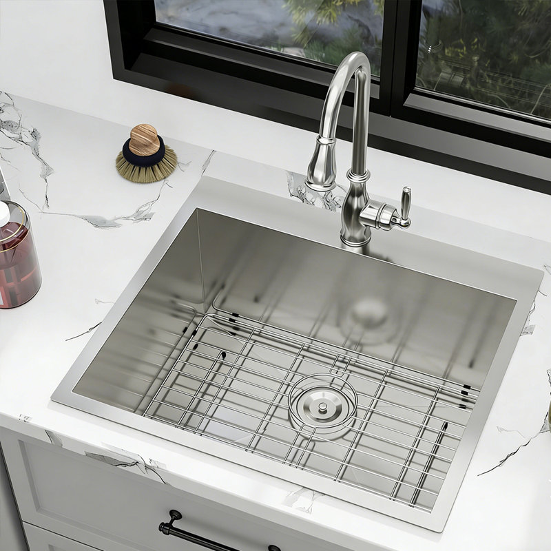 25" x 22" x 12" 16 Gauge Topmount Drop-in Stainless Steel Laundry Utility Sink Single Bowl Kitchen Sink with Bottom Grid