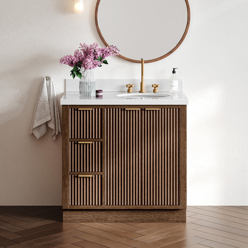 Haun 36'' Solid Wood Single Bathroom Vanity with 1.5'' Carrara Quartz Top, Rectangle, Left, Brown Oak
