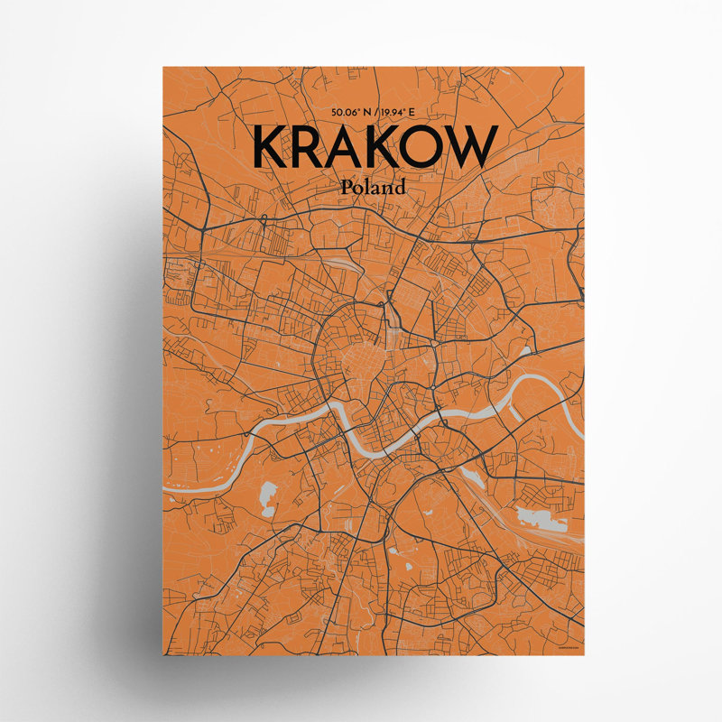 «Krakow City Map», impression de luxe, Orange / gris, H 27,6 po x l 19,7 po