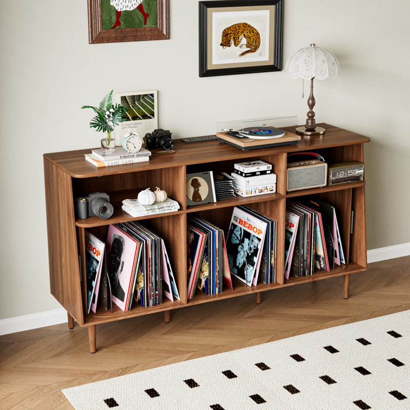 Support pour tourne-disque avec prise de courant et portes coulissantes, armoire de rangement moderne en vinyle de style Mid-Century, table à plateau tournant pour salon