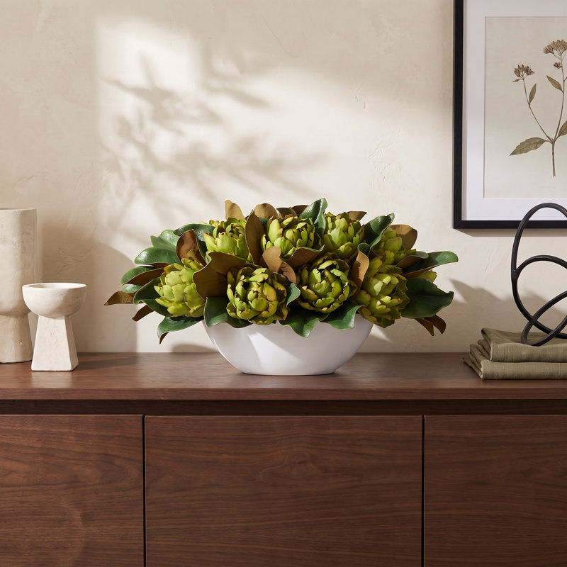 Centre de table artichaut et feuille de magnolia