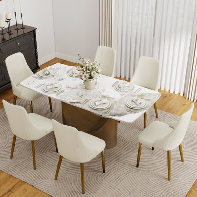 Shivani 6 - Person Sintered Stone Tabletop Dining Table Set With Upholstered PU Leather Chairs