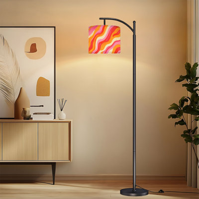 Arc Floor Lamp with Adjustable Lampshade Abstract Flowing Waves Bold Orange Pink Red Hues Standing Lamp 3 Color Temperatures Dimmable Tall Pole Lamp with Foot Switch for Bedroom