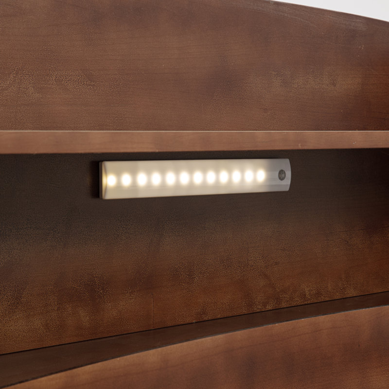 Marquece Wood Bed with Bookcase Headboard and LED Motion Sensor Light, Walnut, Full