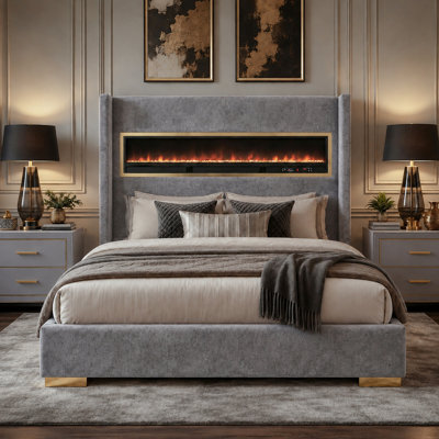 Upholstered Modern Platform Bed Frame with 3D 13-Color Flame Headboard, Bluetooth Music Audio, USB Charging Ports, Mattress-Ready Base, Queen/Eastern‑King, Black/Beige/Gray
