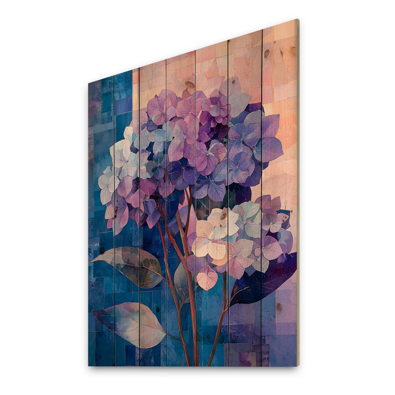 Collage abstrait floral d'hortensia III - décoration murale en bois d'hortensia - sur bois de pin naturel