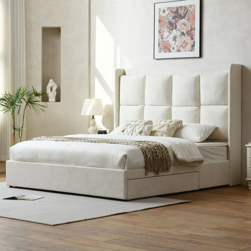 Upholstered Wingback Platform Bed with 2 Under-Bed Storage Drawers, High Grid-Tufted Headboard, No Box Spring Required, Easy Assembly, Modern Bedroom Furniture
