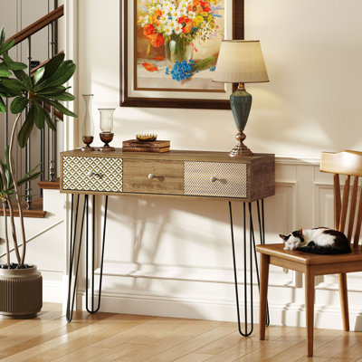 Console 35,4 po avec 3 tiroirs, table d'entrée étroite, brun
