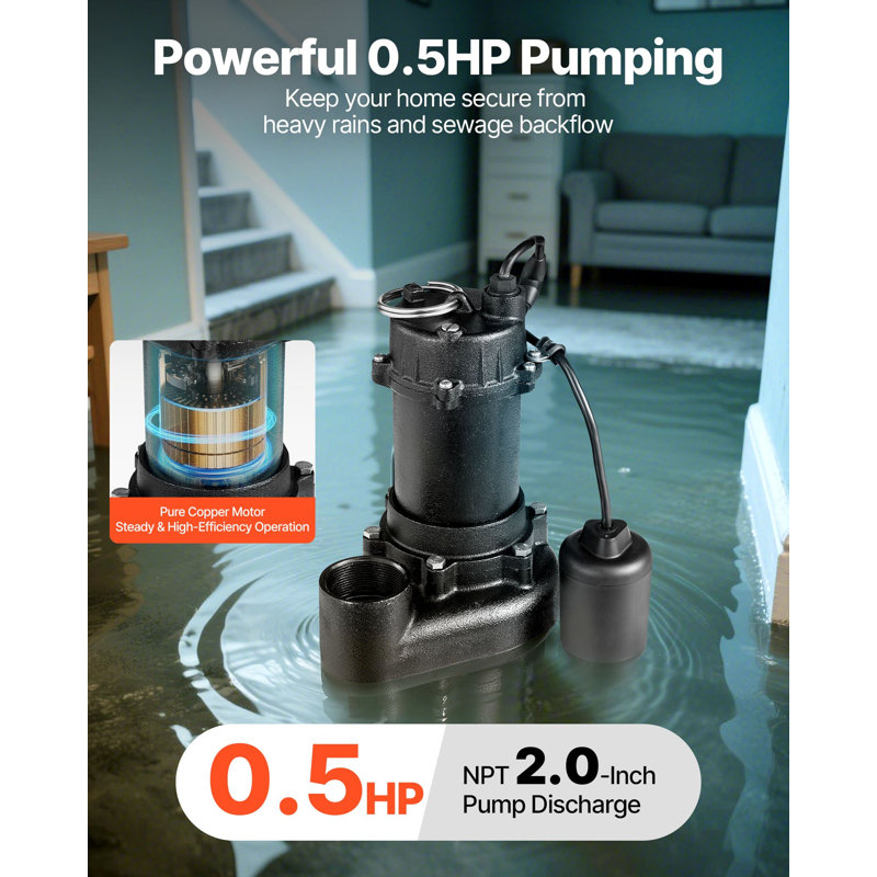 Submersible Sewage Pump, 1/2 HP, 4800 GPH Cast Iron Sewage/Effluent Pump With Automatic Tethered Float Switch, 2-Inch NPT Discharge, 120V, 20 Ft Max Lift, For Basement, Septic Tank, Residential
