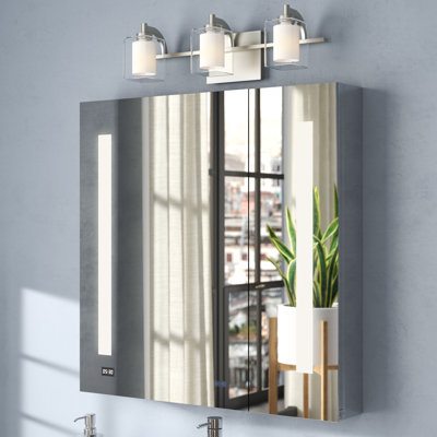 Donnelly LED Medicine Cabinet Defogger, 3X LED Lighted Vertically Adjustable Magnifying Mirror, Digital Clock, Electrical Outlets