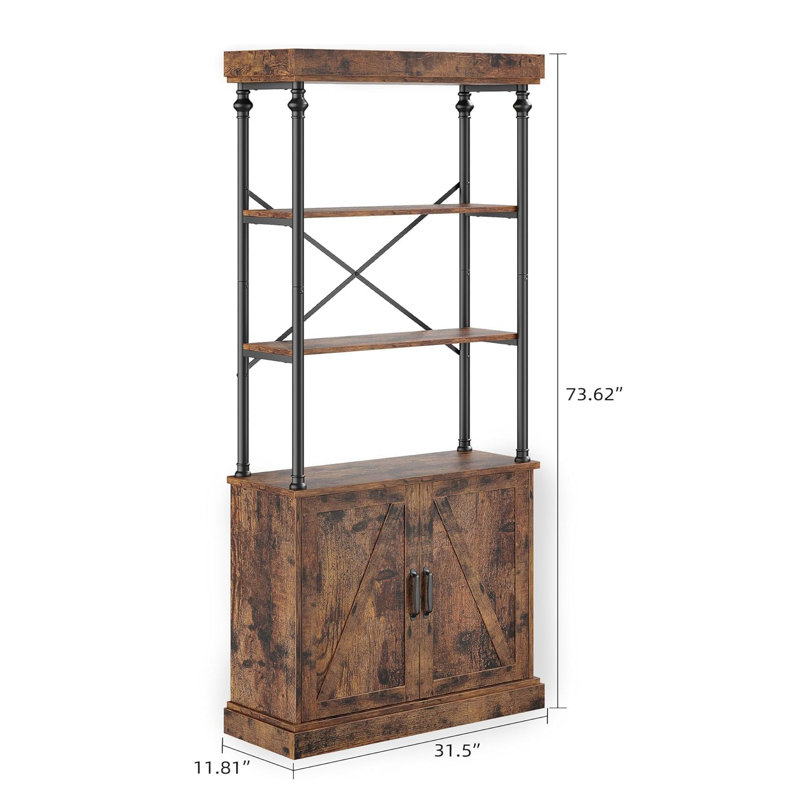 73" 4-Tier Farmhouse Bookshelf with Cabinet Storage, Solid Wood Base & Roman Column Frame, Brown