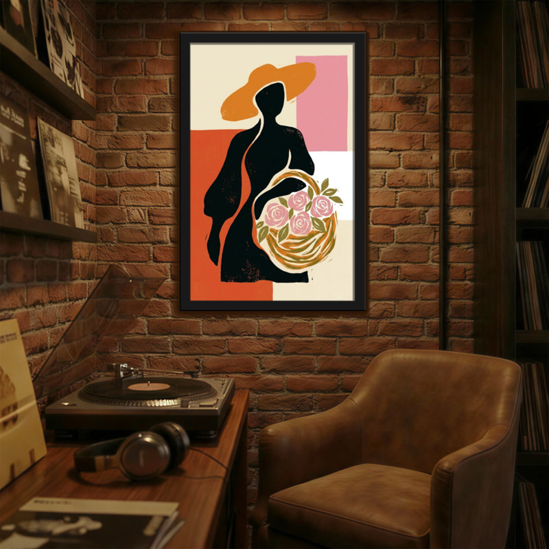 Plantes et fleurs, silhouette d'une femme avec un chapeau et un panier de fleurs, H 18 po x l 12 po