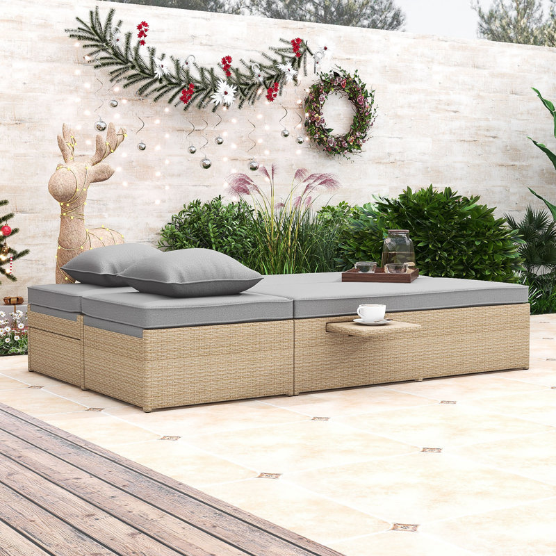 Chaise longue double inclinable en rotin toutes saisons avec dossiers réglables et plateaux pratiques, Gris clair / brun