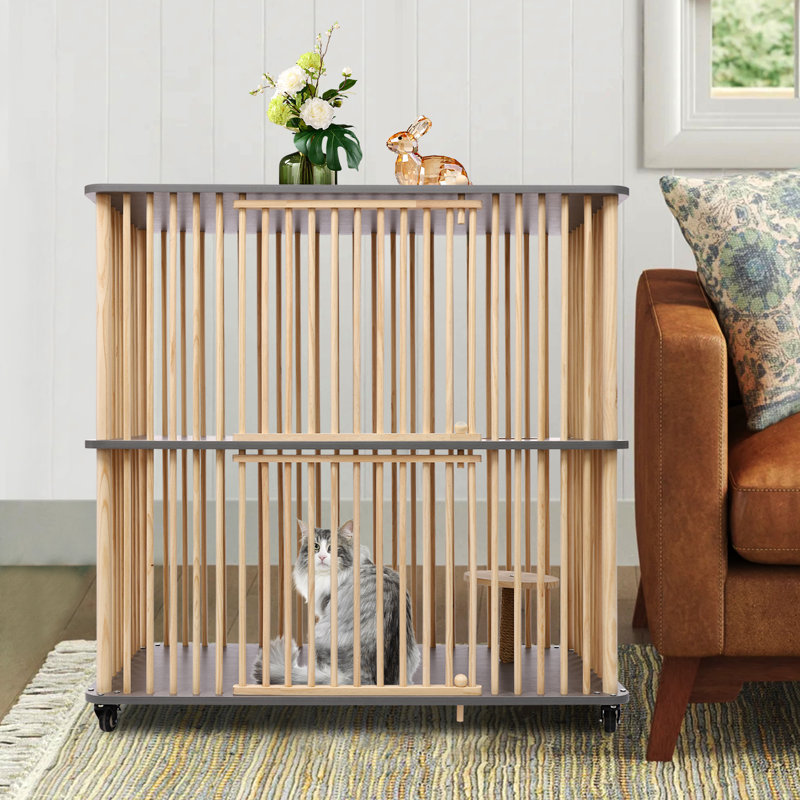 2-Layer Cat Solid Wood Cage, Gray/Natural