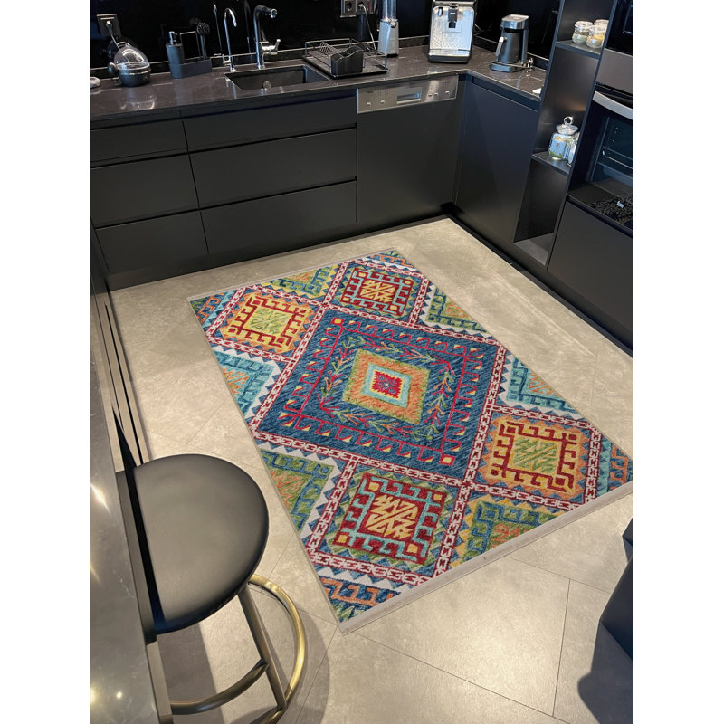Multi-Coloured Motif Geometric Shape Patterned Fringed Vintage Decorative Rug, Runner 3'3.37" x 6'6.74"