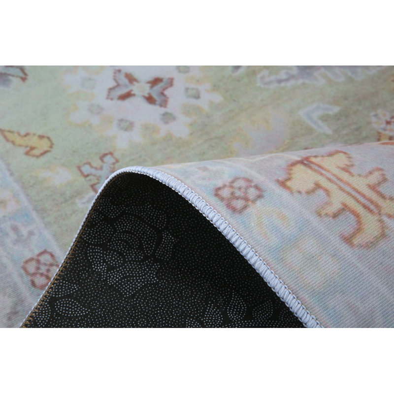 Modern Green Oushak Machine Washable Runner with Built-in Padding & Non-Slip Backing, Runner 2'6" x 8'