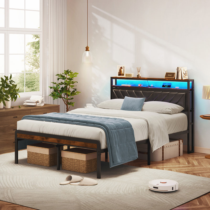 Metal Platform Bed Frame With Adjustable Upholstered Headboard And Charging Station, Full / Double, Antique Brown/Blue