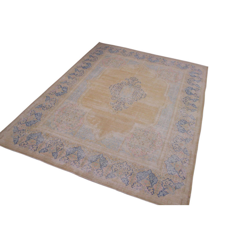 Tapis beige / brun / bleu en laine noué à la main de style oriental Conkle