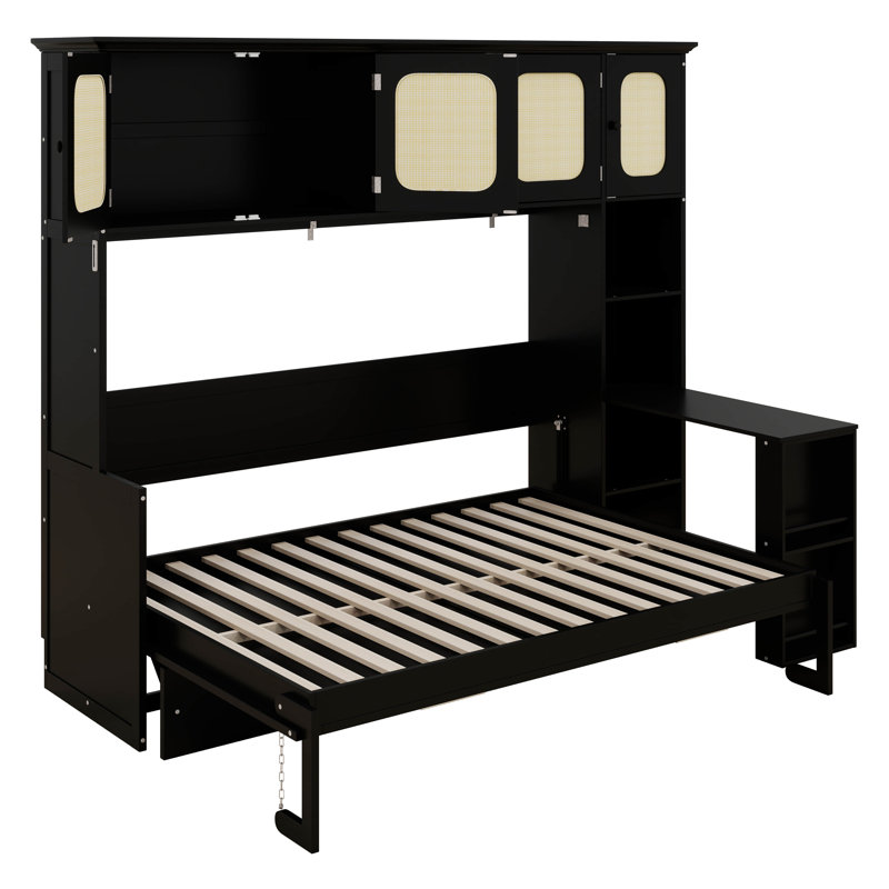 Lit escamotable avec armoires en rotin, lit escamotable en bois avec tablettes de rangement et bureau, Noir