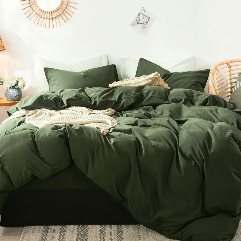 Olive Green Full Cotton Duvet Cover Set with Pillowcases